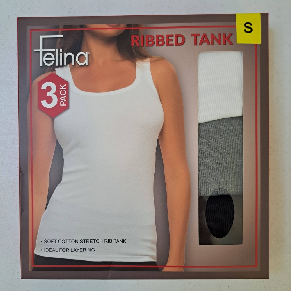 Felina Ribbed Tank Womens Small Multi NOB Cotton Stretch 3-Pack 1581-196